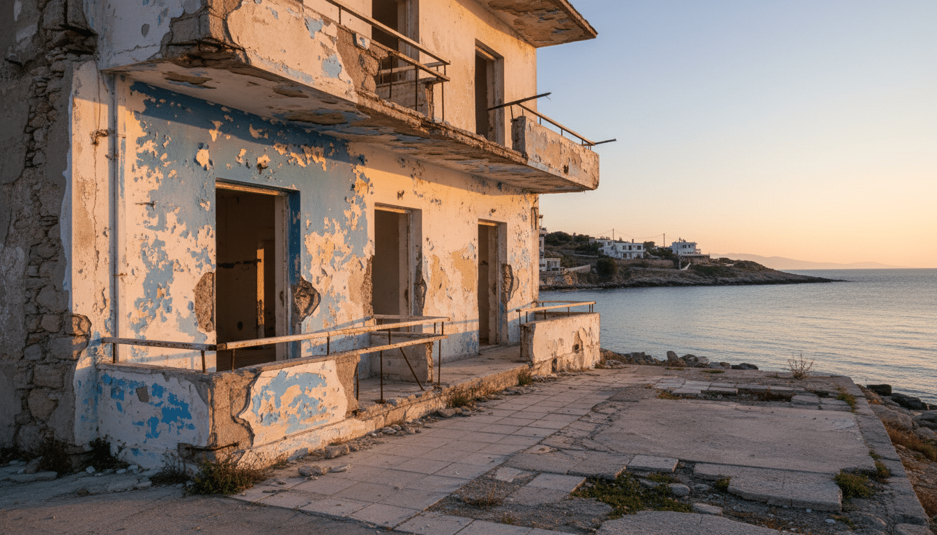 Immeuble vétuste avec balcons dégradés dans une ville grecque
