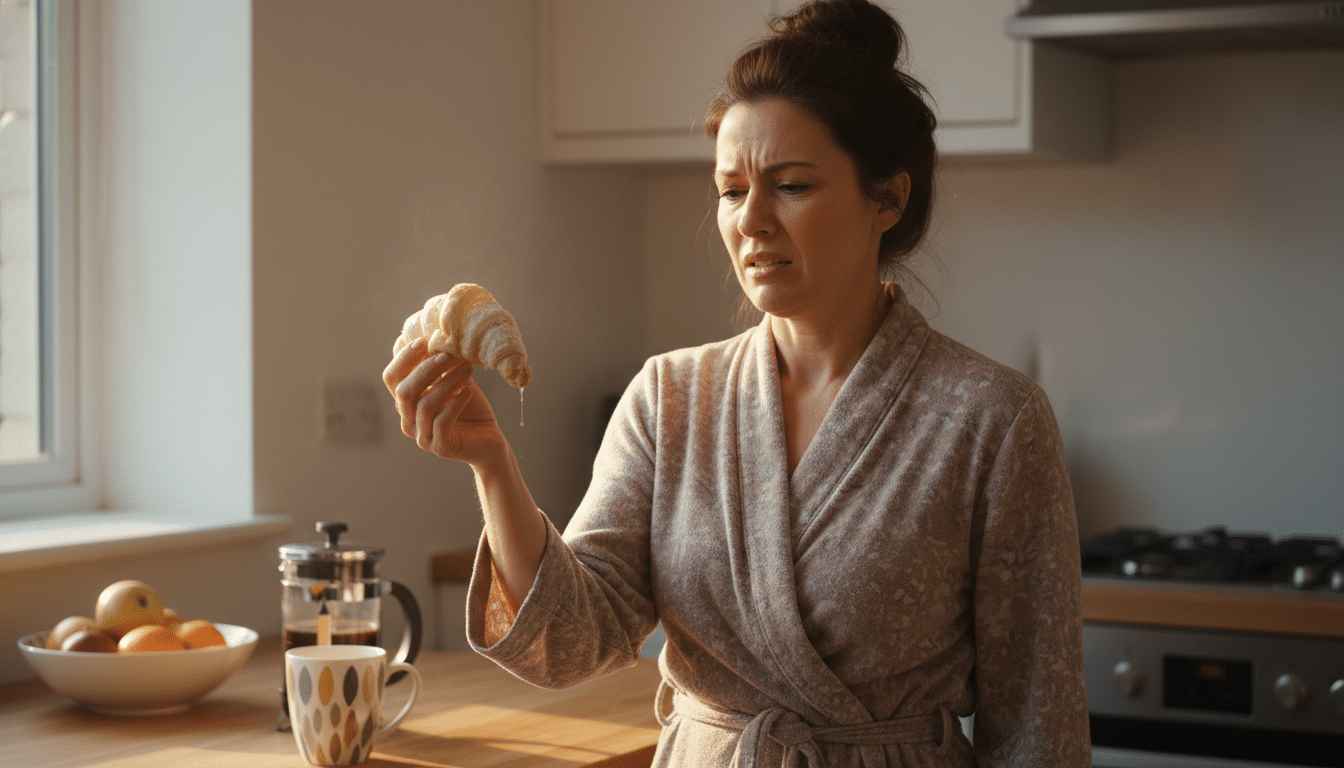 Femme déçue par un croissant ramolli au micro-ondes