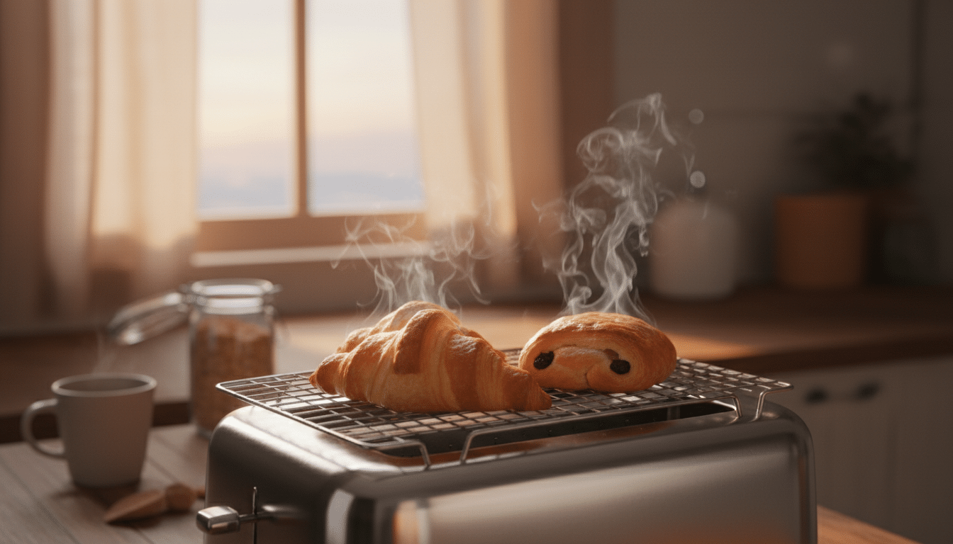 Croissants posés sur la grille chauffe-viennoiseries du grille-pain