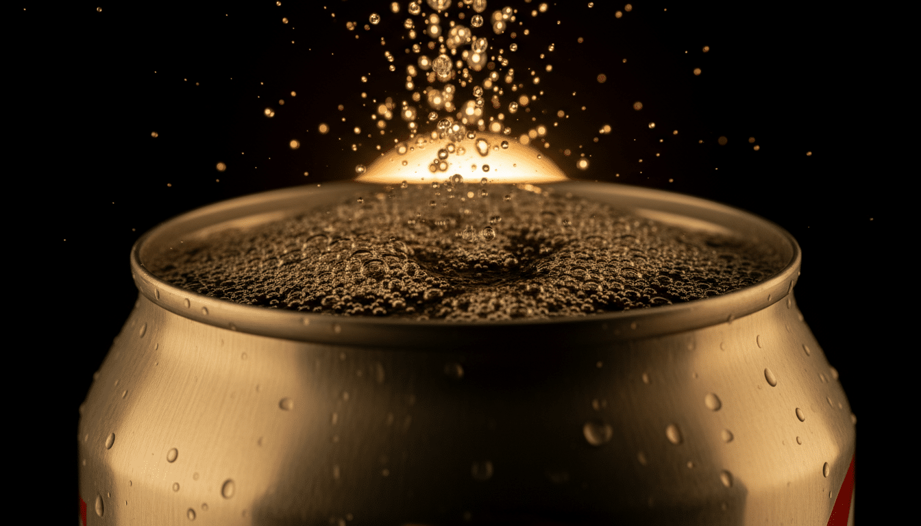 Gros plan bulles montant d'une canette de soda ouverte