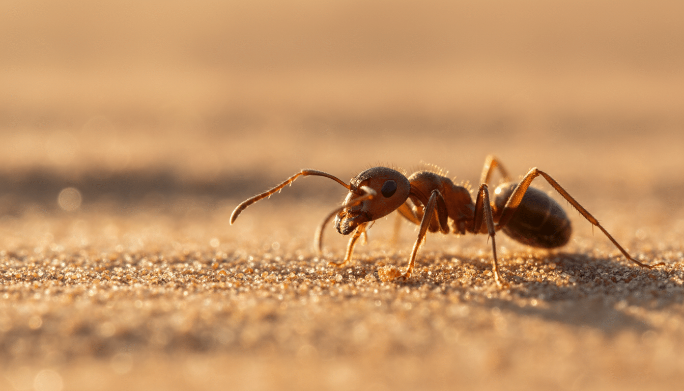 Gros plan d'une fourmi sur le sable du désert