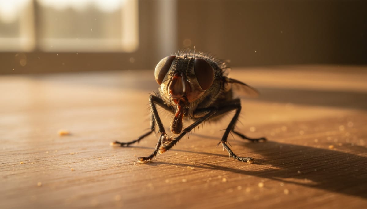 Gros plan macro d'une mouche se frottant les pattes