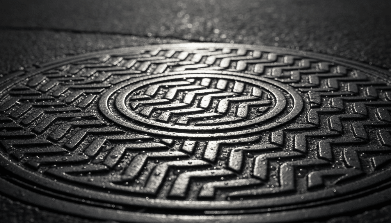 Gros plan texture rainures plaque d'égout mouillée