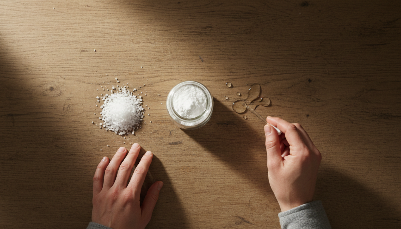 Gros sel et bicarbonate sur un plan de travail