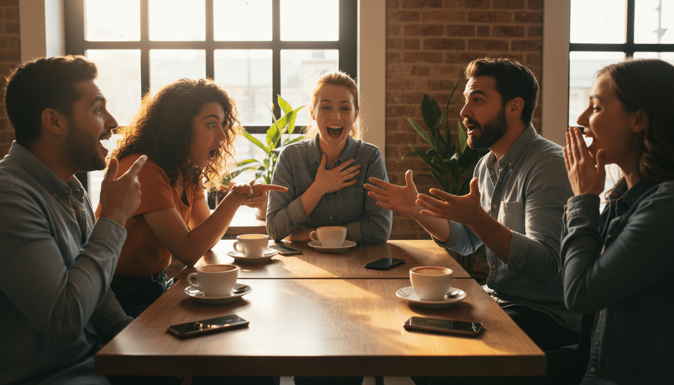 Groupe d'amis hilares autour d'une table de café