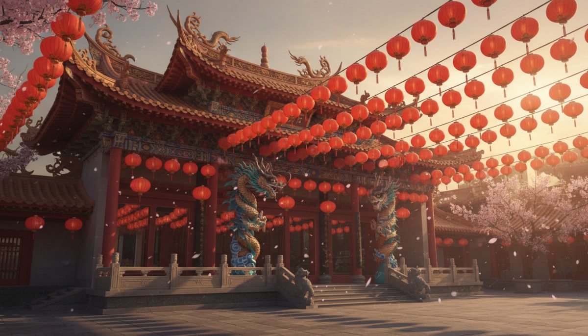 Groupe de personnes autour du zodiaque chinois lumineux célébrant les prédictions du jour