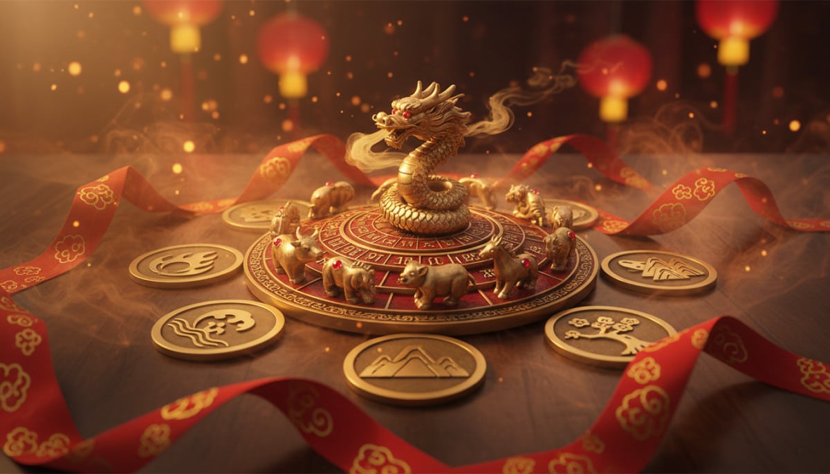 Groupe de personnes autour d'un symbole yin-yang lumineux représentant les 12 signes de l'astrologie chinoise