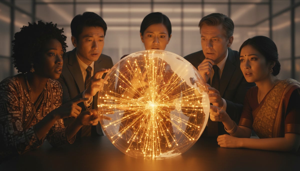 groupe de personnes regardant globe financier mondial