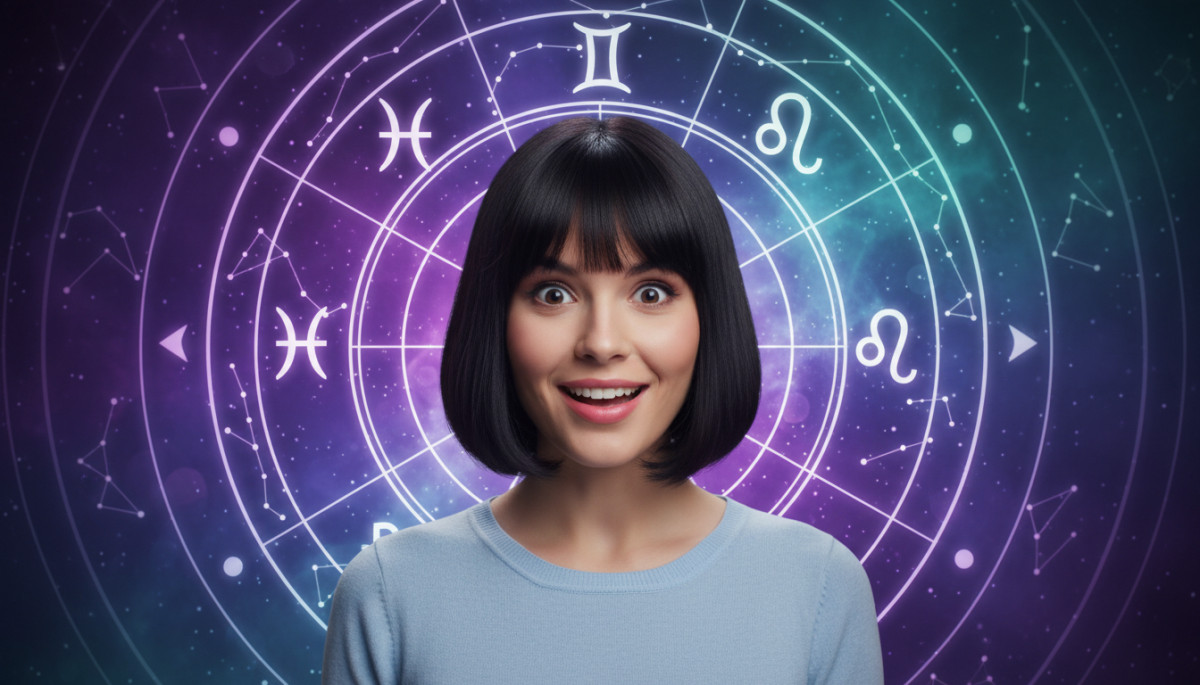 Groupe de personnes réunies sous les étoiles entourés de symboles astrologiques lumineux