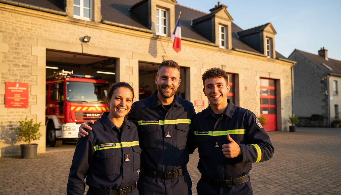 Groupe de pompiers volontaires devant leur caserne
