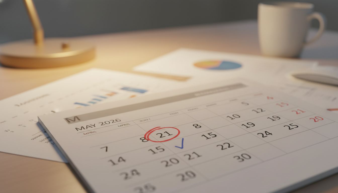 Calendrier de mai 2026 avec la date du 21 entourée en rouge