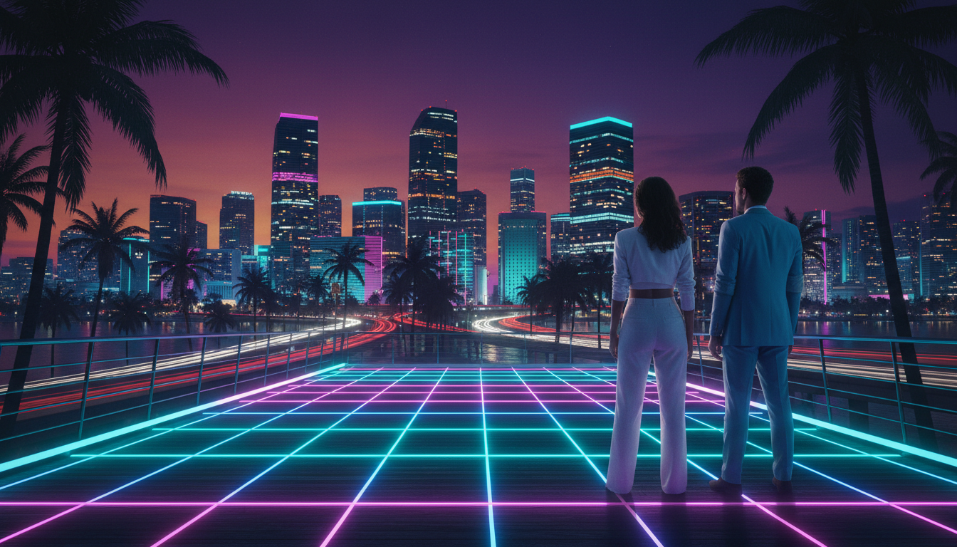 Duo de personnages face à une ville tropicale nocturne style Vice City