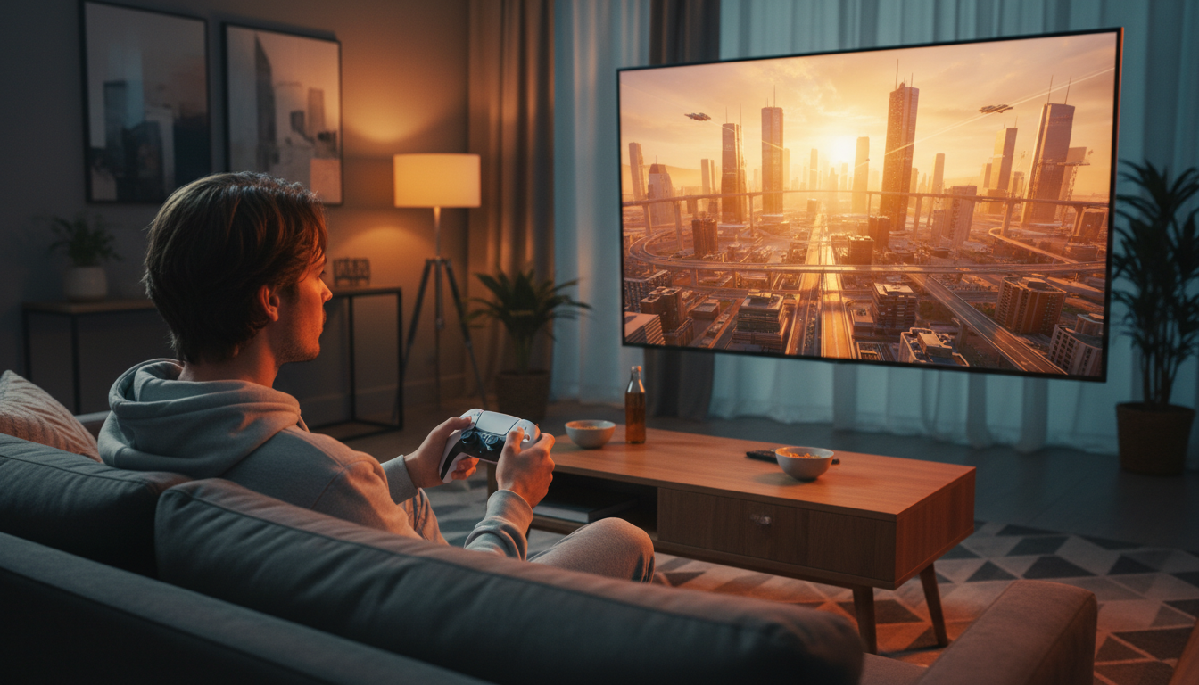 Joueur avec manette PS5 devant un écran de jeu vidéo