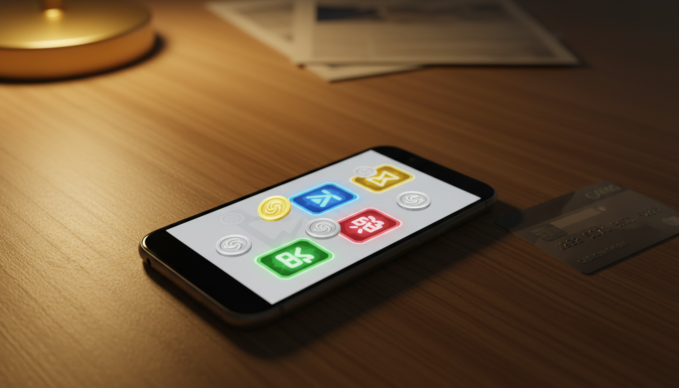 Microtransactions de jeu vidéo sur smartphone à côté d'une carte bancaire