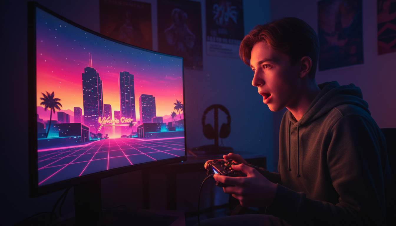 Joueur devant un écran affichant Vice City de nuit