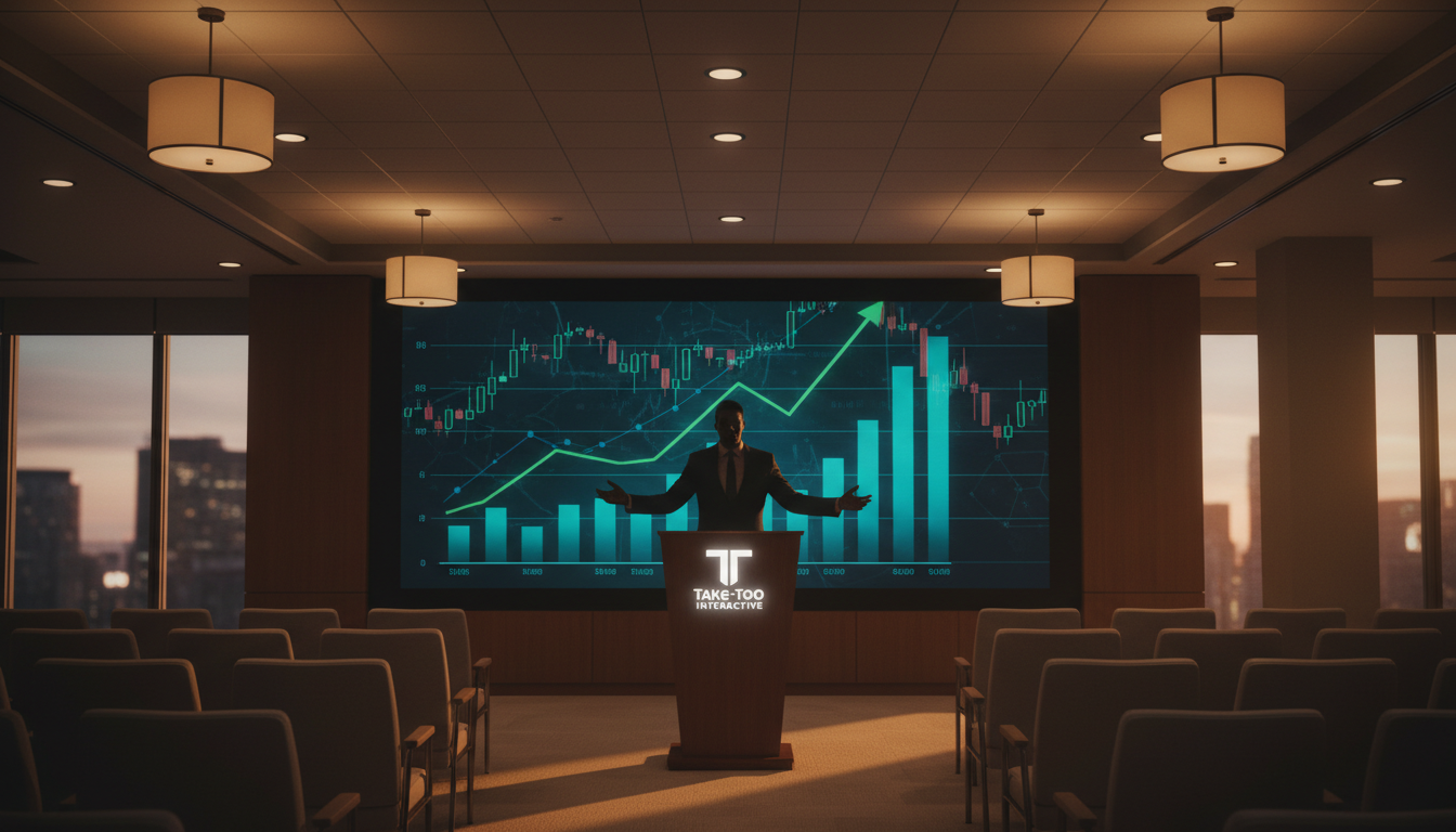 Salle de conférence financière avec graphiques boursiers