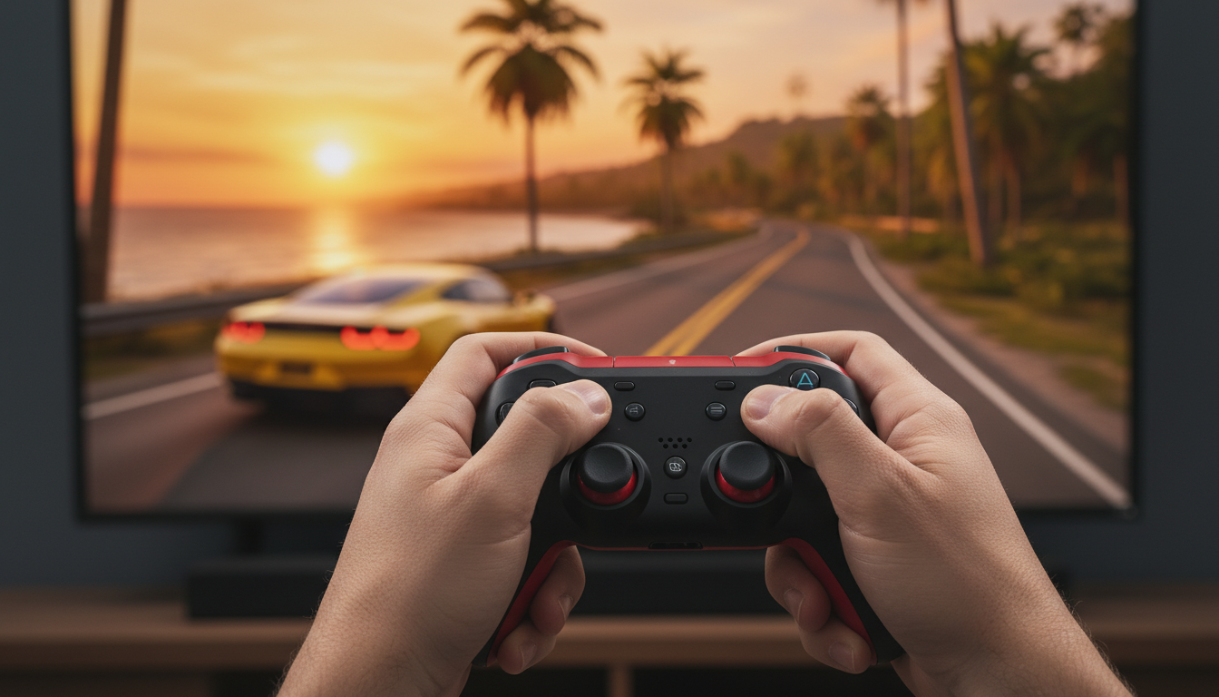Mains tenant une manette devant un écran de jeu tropical