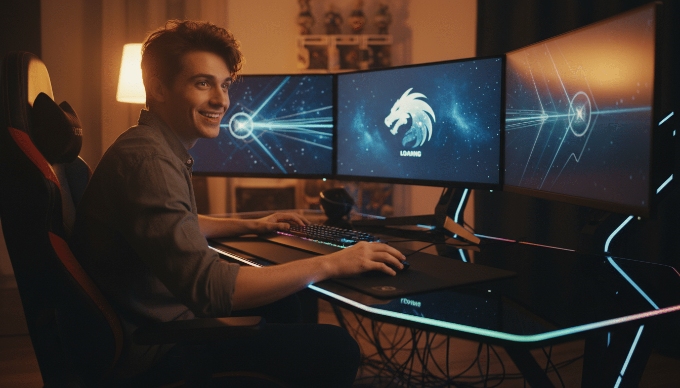 Joueur PC impatient devant son setup gaming
