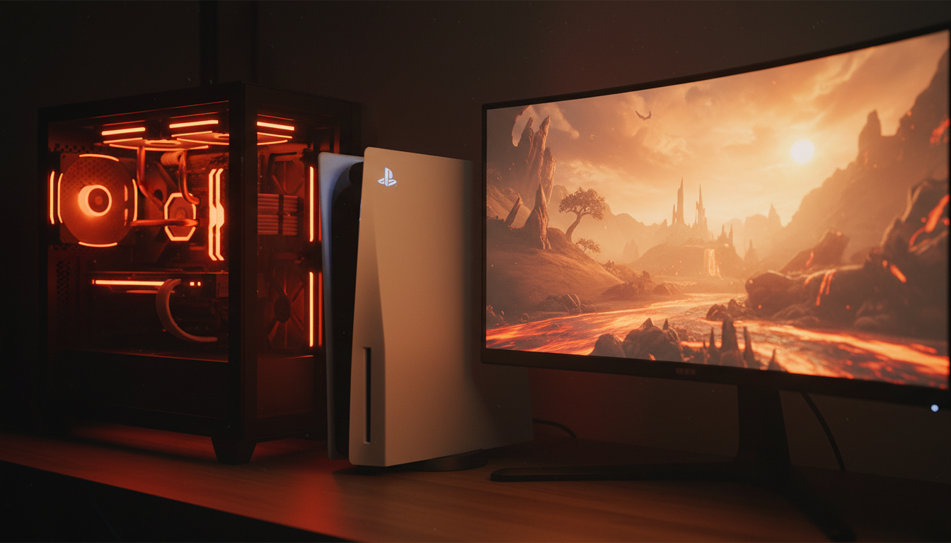 PC gaming et PS5 côte à côte sur un bureau
