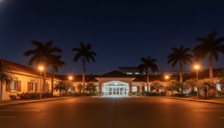 Entrée des urgences d'un hôpital en Guadeloupe la nuit