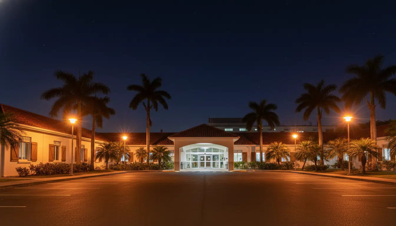 Entrée des urgences d'un hôpital en Guadeloupe la nuit
