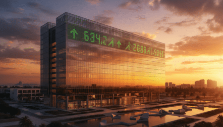 Siège de TotalEnergies avec indicateurs financiers en hausse