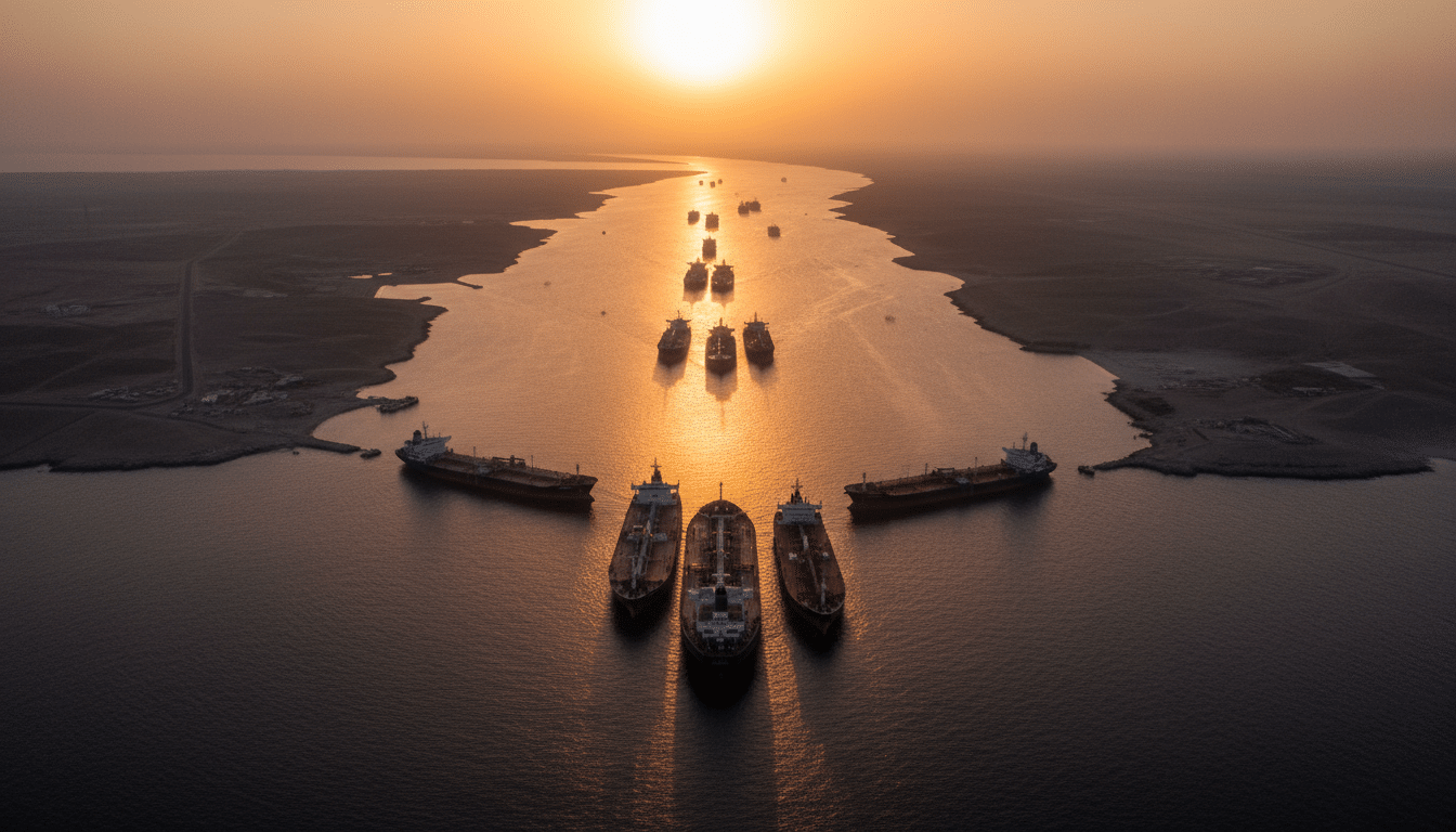 Vue aérienne du détroit d'Ormuz avec pétroliers bloqués