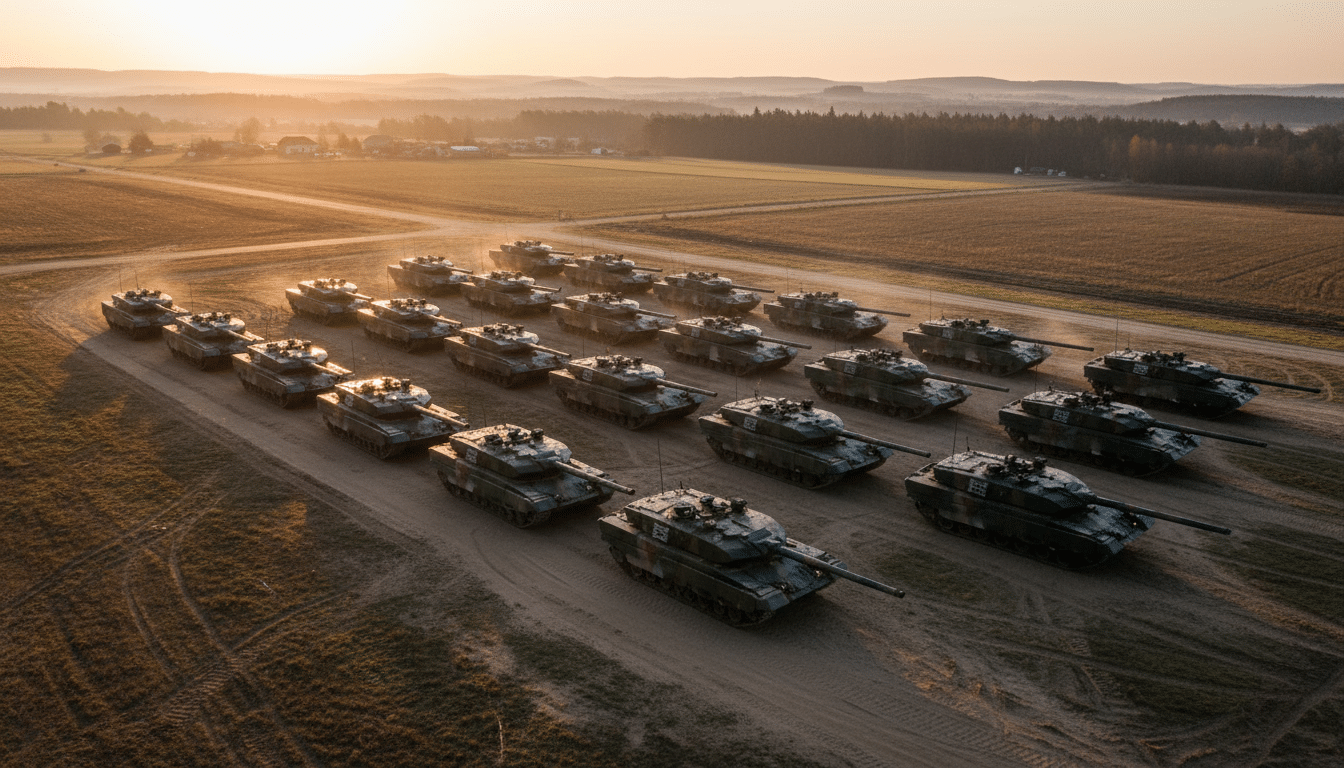 Chars militaires alignés sur un terrain d'entraînement à l'aube