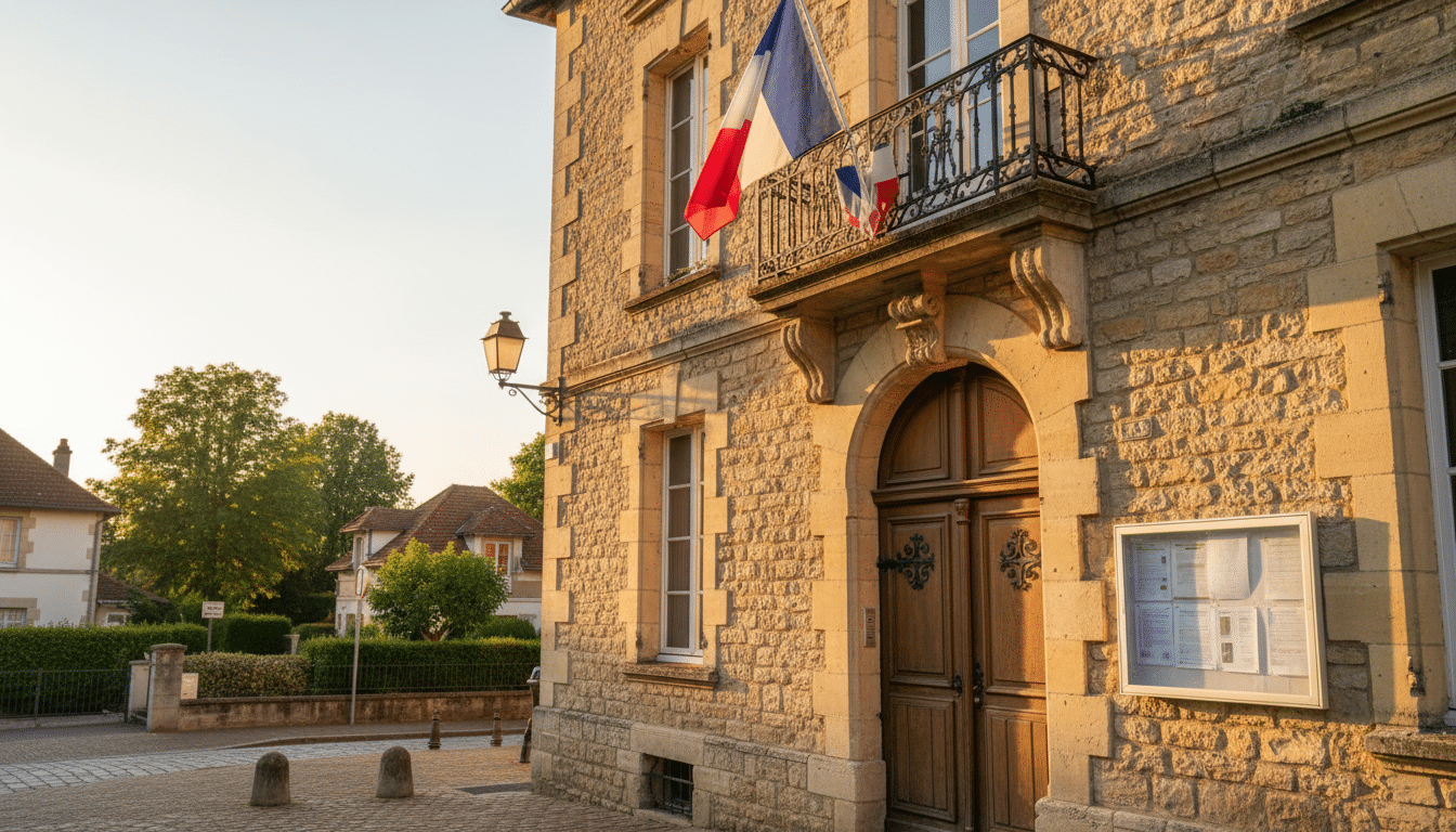 Façade d'une mairie dans les Yvelines au coucher du soleil