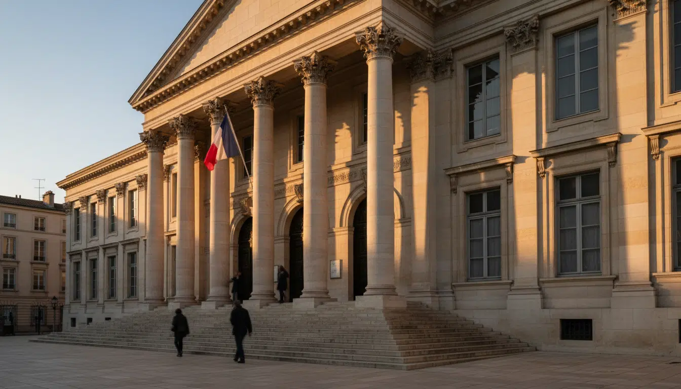 Façade d'un tribunal français au coucher du soleil