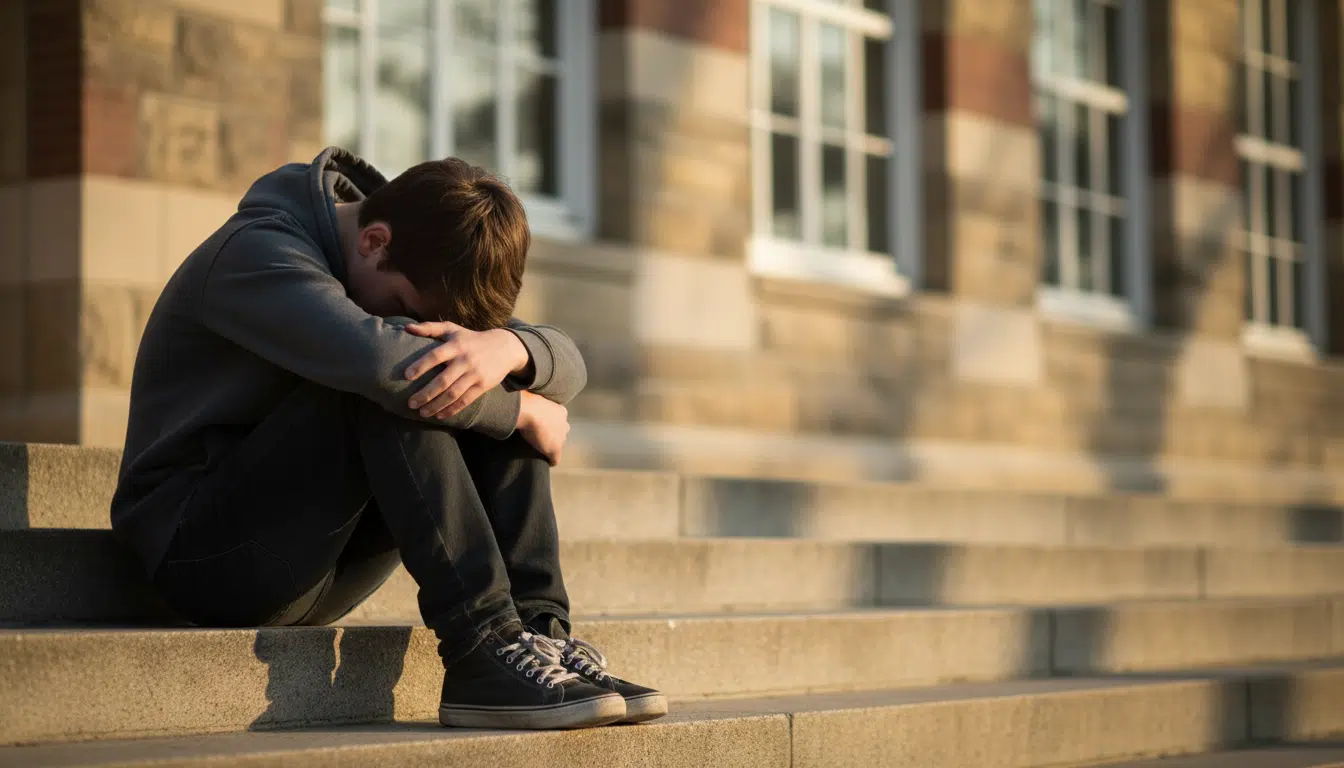 Adolescent seul assis sur des marches d'école