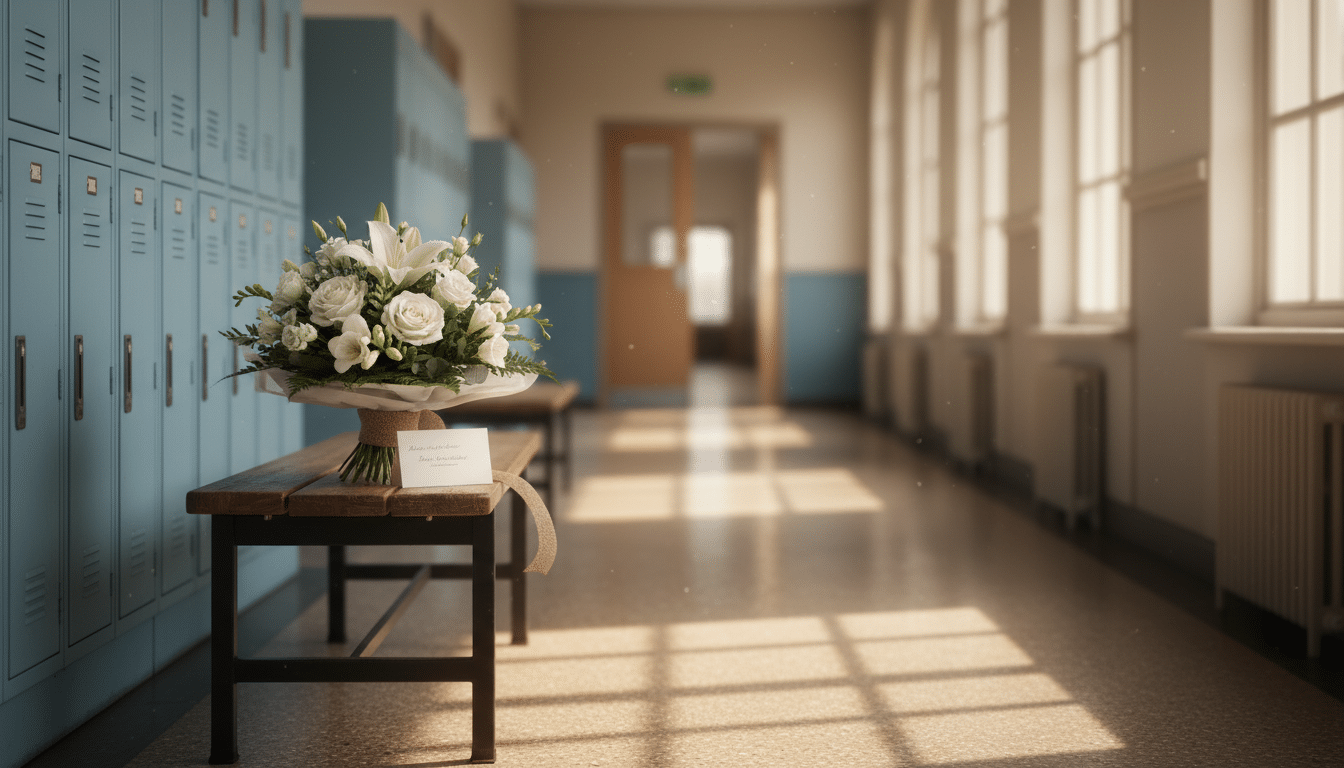 Couloir de collège avec bouquet de fleurs blanches