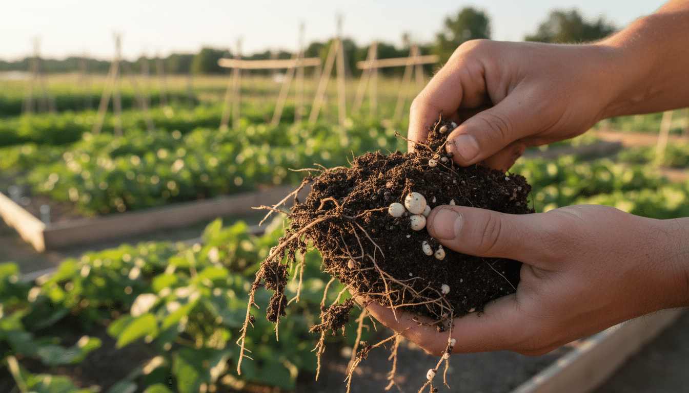 Racines de haricot avec nodules fixateurs d'azote dans la terre