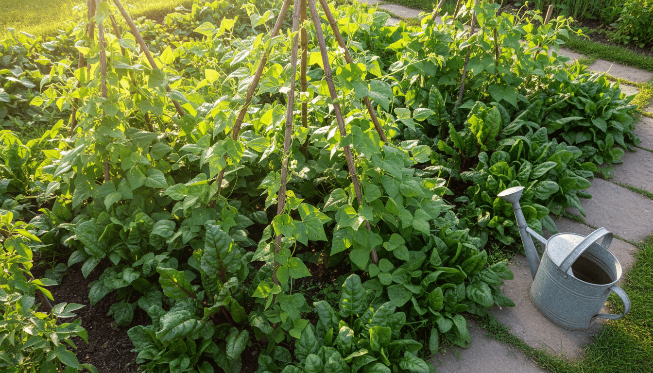 Épinards et bettes poussant à l'ombre de haricots à rames
