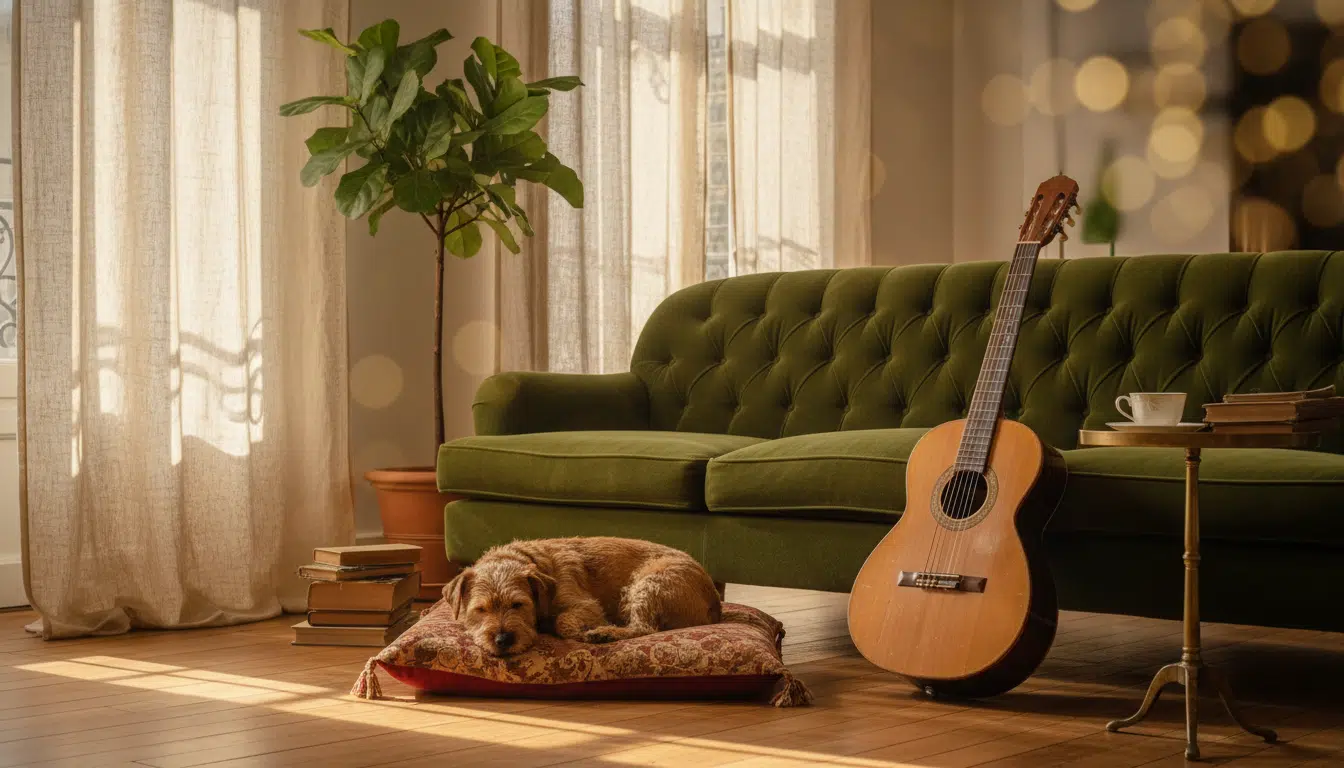 Guitare acoustique et ambiance cosy dans un appartement parisien