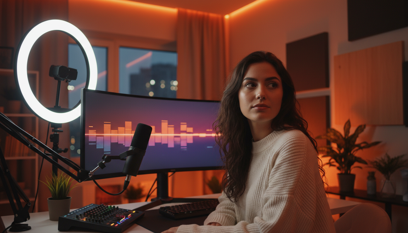 Streameuse devant son setup de streaming éclairé