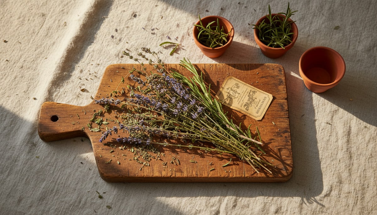 Herbes de Provence séchées sur une planche de bois rustique