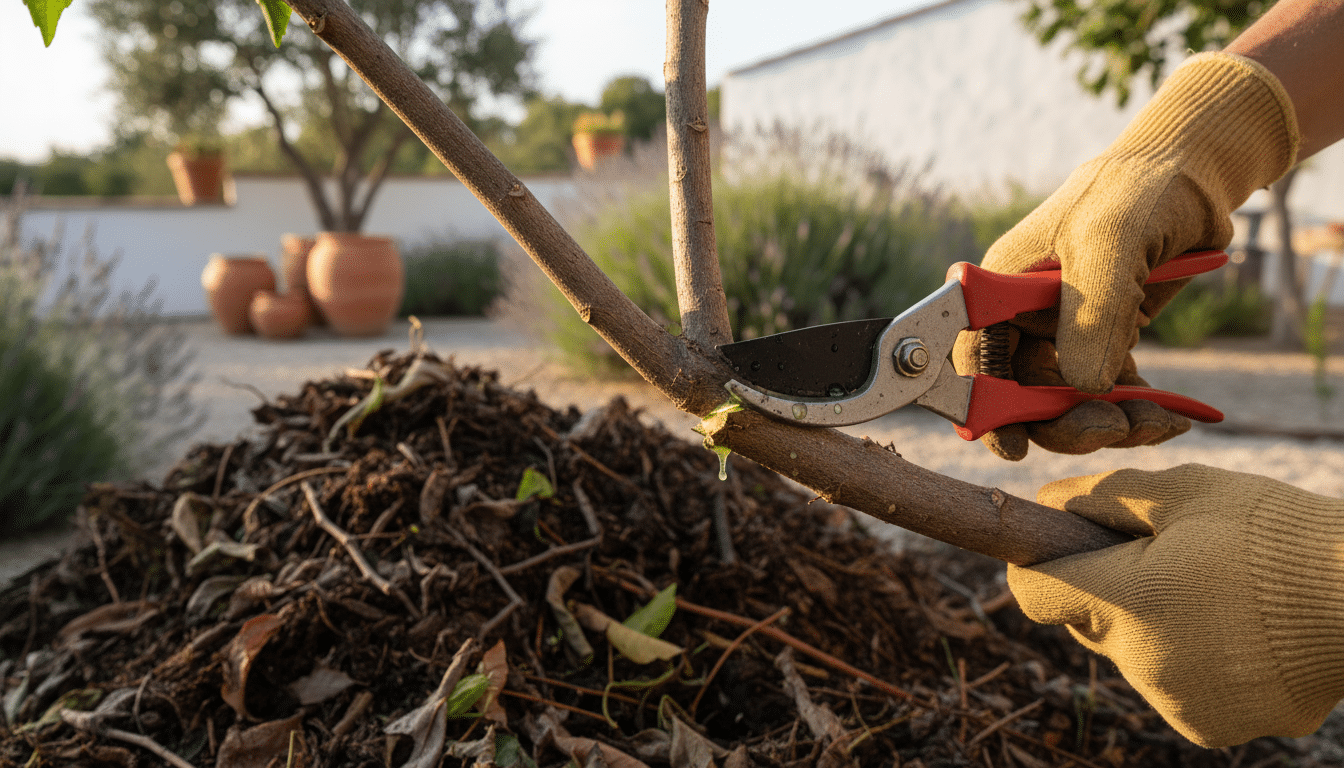 Taille d'une branche d'hibiscus au sécateur en avril