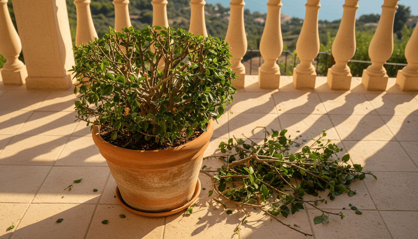 Hibiscus fraîchement taillé en pot sur un balcon