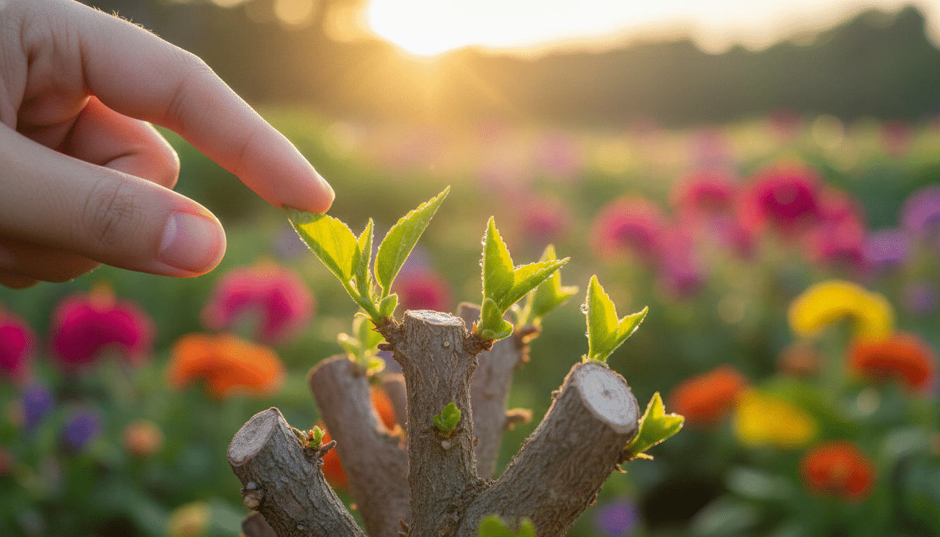 Nouvelles pousses vertes sur un hibiscus après la taille