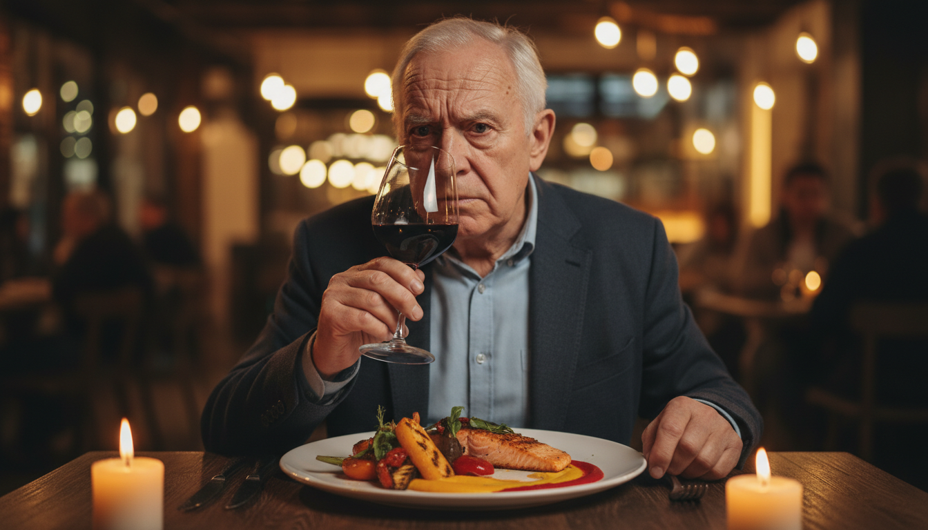 Homme âgé perplexe devant son verre de vin