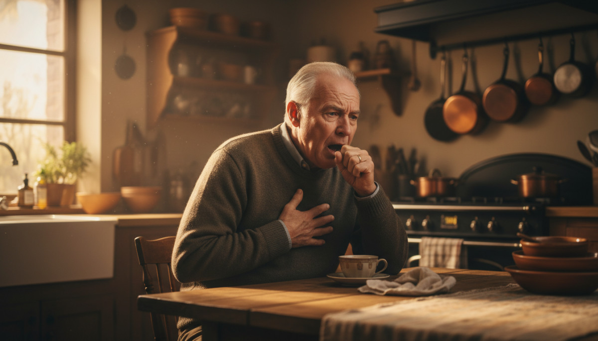 Homme âgé toussant après une fausse route