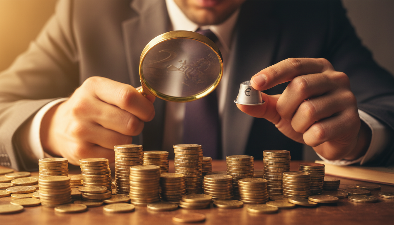 Homme analysant le coût d'une capsule de café avec loupe