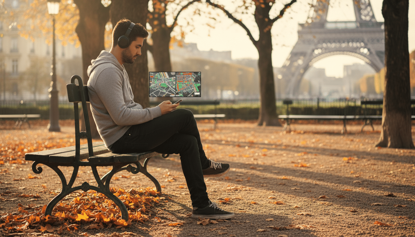 Homme assis sur un banc parisien consultant son téléphone