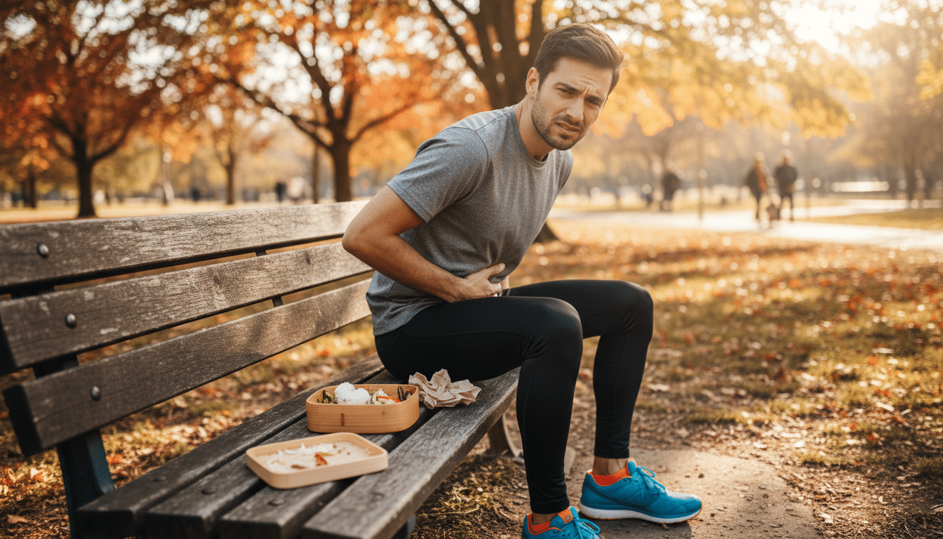 Homme assis tenant son ventre après avoir mangé avant le sport