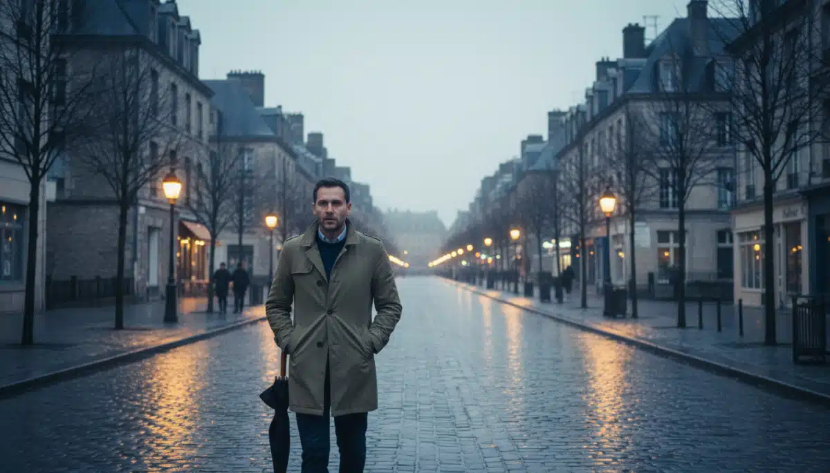 Homme avec parapluie sous ciel gris au nord