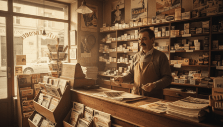 Homme buraliste dans un tabac des années 70