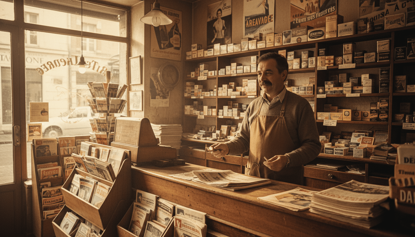 Homme buraliste dans un tabac des années 70