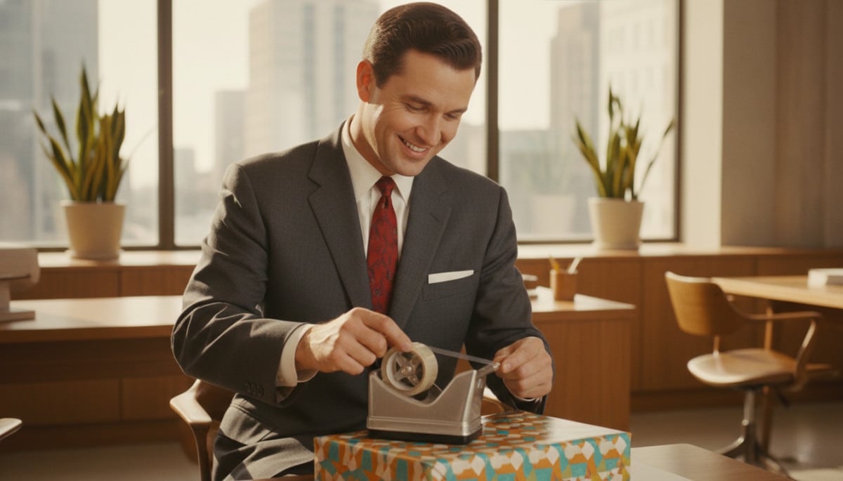 Homme bureau années 1950 utilisant distributeur de scotch