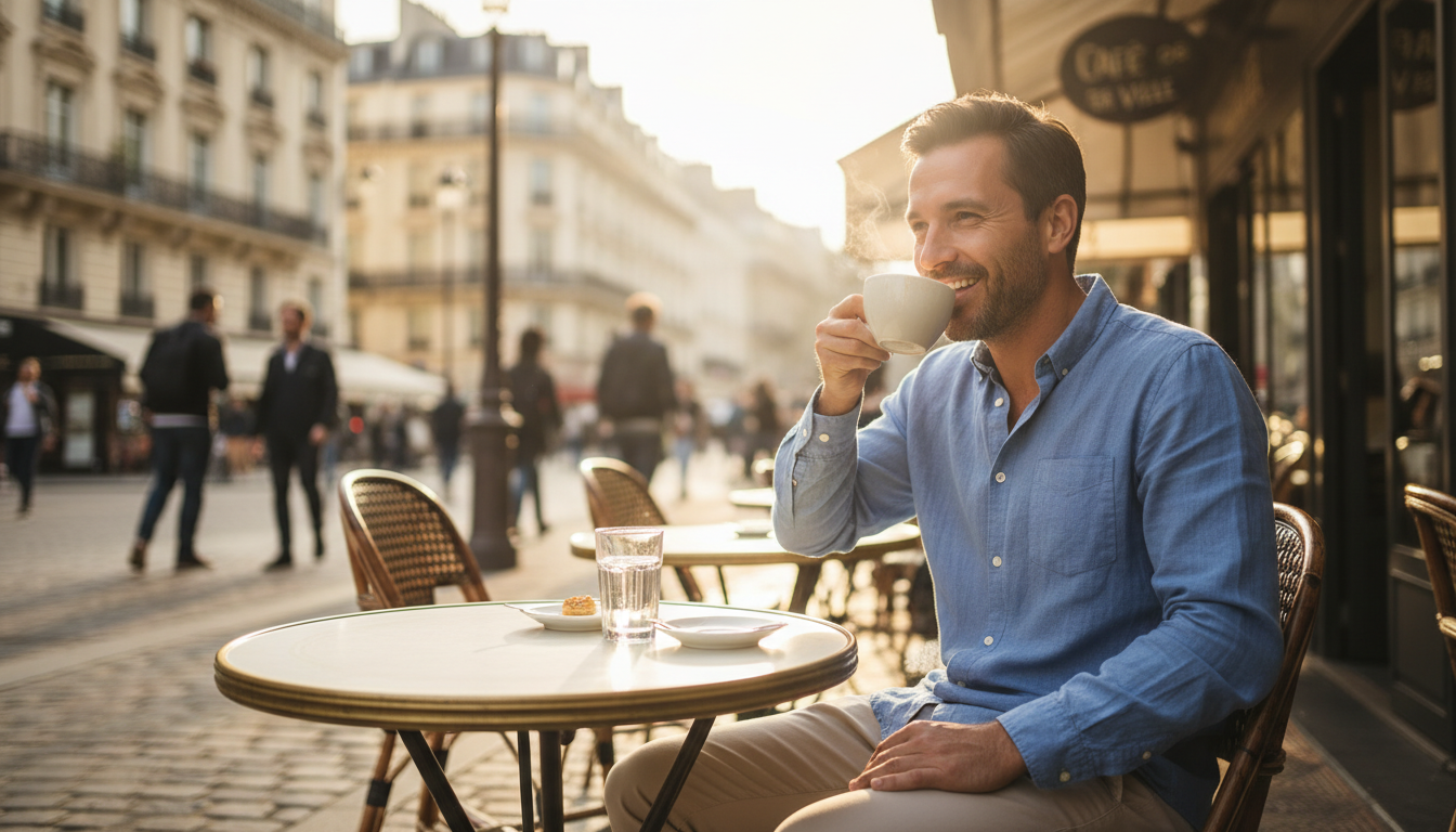 Homme buvant un café en terrasse sans crainte